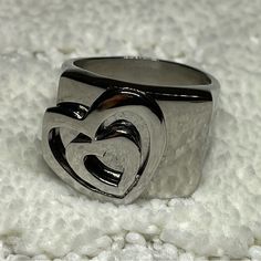 Nwt Stainless Steel Double Heart Band Ring. Comes With Box And Drawstring Bag. Metal Heart Ring As Gift, Heart-shaped Metal Ring Gift, Valentine's Day Metal Heart Ring Gift, Metal Heart Ring For Valentine's Day, Modern Heart Ring For Valentine's Day Gift, Trendy Heart-shaped Ring For Gift, Double Heart Ring, Heart Band, Ring Color