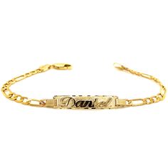 Cherish the Moment with our 14k Yellow Gold Kids ID Bracelet: Crafted in the timeless Solid Figaro style links, this bracelet is a symbol of elegance and love. We believe in the power of personalization. Your child's name is expertly cut from solid 14k Gold and elegantly overlaid on the bracelet, creating a one-of-a-kind accessory. Additionally, you have the option to engrave a significant date on the back of the nameplate, transforming this bracelet into a cherished keepsake.  Whether it's a bi Classic Personalized Bracelet, Luxury Oval Link Bracelet For Anniversary, 14k White Gold Promise Bracelets, Adjustable 14k Gold Hallmarked Bracelet, White Gold 14k Promise Bracelets, White Gold 14k Promise Bracelet, Anniversary Link Bracelet With Polished Finish, Classic 14k Stamped Bracelet Jewelry, Adjustable 14k Gold Bracelet Hallmarked