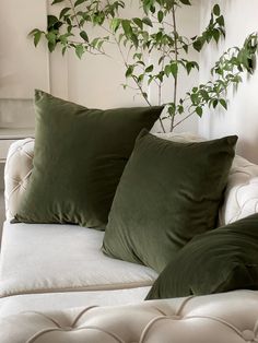 two green pillows sitting on top of a white couch next to a potted plant