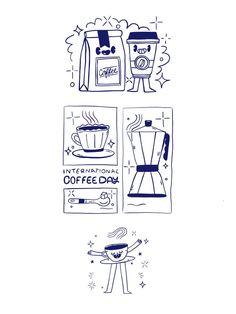 an image of coffee related items in blue ink on white paper, with the words coffee day written below it