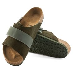 Kyoto Nubuck Leather/Suede Suede Slide Sandals With Buckle Closure, Suede Slide Footbed Sandals With Leather Footbed, Brown Leather Footbed Sandals With Suede Lining, Brown Suede Slides With Buckle Closure, Suede Slide Sandals With Cork-bed Midsoles, Suede Open Toe Footbed Sandals With Buckle Closure, Brown Suede Double Strap Footbed Sandals, Comfortable Suede Sandals With Buckle Closure, Suede Slip-on Footbed Sandals With Removable Insole