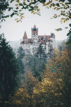 an old castle is seen through the trees