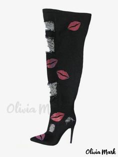 Olivia Mark - Exquisite Womens Rhinestone-Embellished Stiletto Heel Thigh High Canvas Boots Canvas Boots, Thigh High, Olivia Mark, Stiletto Heel, Thigh Highs, Black Boots, Stiletto Heels, Heels, Boots