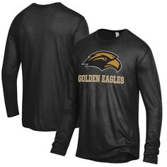 The Men's Alternative Apparel Heathered Black Southern Miss Golden Eagles Keeper Long Sleeve T-Shirt is the perfect way to show your support for the Southern Miss Golden Eagles. Made from a soft cotton and polyester blend, this long sleeve tee features printed graphics that proudly display the Southern Miss Golden Eagles logo. The crew neck and tear-away tag provide a comfortable fit, while the Southern Miss Golden Eagles logo on the chest and sleeve shows your team spirit. Whether you're cheering on the Golden Eagles at the game or just showing your support around town, this long sleeve tee is a must-have for any Southern Miss fan. Fall Season Black Top For Sports Fans, Black Long Sleeve Fan Gear T-shirt, Black Long Sleeve Team Tops, Black Collegiate T-shirt For Fall, Collegiate Style Black Long Sleeve T-shirt, Black Long Sleeve Collegiate T-shirt, Southern Miss Golden Eagles, Eagles Logo, Cal State