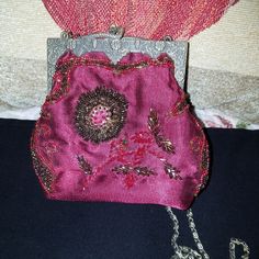 Small, Deep Red, Tiny Beaded Design Front And Back Has Snake Head Closure And Antiqued Silver Chain Handmade Red Bag For Party, Red Embellished Bag For Formal Occasions, Handmade Red Party Bag, Formal Red Embellished Bag, Elegant Red Beaded Bag, Elegant Red Beaded Shoulder Bag, Handmade Red Shoulder Bag For Parties, Red Embellished Bags For Gift, Red Embellished Bag As A Gift