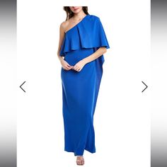 New With Tag Size 4 Blue Pre-draped Maxi Dress For Cocktail, Blue Pre-draped Evening Dress, Pre-draped Blue Evening Dress For Prom, Blue Pre-draped Cocktail Maxi Dress, Pre-draped Blue Maxi Dress For Cocktail, Blue Pre-draped Maxi Dress For Party, Blue One-shoulder Cocktail Gown, Blue Pre-draped Floor-length Evening Dress, Blue Pre-draped Dress For Gala