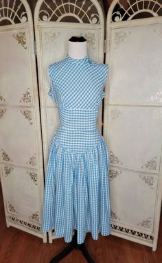 50s Blue and White Dropwaist Gingham Dress Small - Etsy Fitted Retro Plaid Dress For Spring, 1950s Style Gingham Fitted Dress, Retro Fitted Gingham Plaid Dress, Fitted Retro Gingham Plaid Dress, Vintage Fitted Plaid Dress For Picnic, Fitted Vintage Plaid Dress For Picnic, Fitted Blue Plaid Cotton Dress, Fitted Sleeveless Plaid Vintage Dress, Fitted Sleeveless Vintage Plaid Dress