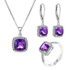 Earrings, Ring And Necklace Set~ White Gold Jewelry With Gemstone Accents In Cubic Zirconia, Elegant Amethyst Jewelry, Sterling Silver Jewelry Set With Prong Setting, Sterling Silver Fine Jewelry Sets For Anniversary, Fine Sterling Silver Jewelry Sets For Anniversary, Formal Sterling Silver Jewelry With Gemstone Accents, Anniversary Fine Jewelry Sets In Sterling Silver, Amethyst Birthstone Jewelry For Formal Occasions, Formal Amethyst Birthstone Jewelry