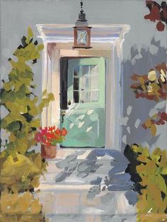 an oil painting of a door and flowers