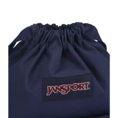 the jansport bag in navy blue with red and white logo on the front pocket