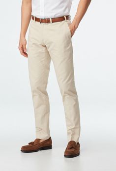 Custom Pants Made For You - Halton Sand Chino | INDOCHINO Slim Fit Straight Leg Solid Chinos, Slim Fit Straight Leg Chinos, Solid Color Slim Fit Straight Leg Chinos, Spring Fitted Chino Cotton Twill Pants, Slim Fit Cotton Pants With Welt Pockets, Beige Slim Fit Straight Leg Chinos, Solid Cotton Dress Pants With Straight Hem, Slim Fit Cotton Chinos With 5-inch Inseam, Solid Slim Fit Chinos With Tapered Leg