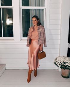 Daily Look 11.9.19 | Gal Meets Glam Satin Dress Sweater, Skirt Boots Outfit, Miu Miu Jacket, Gal Meets Glam Collection, Julia Berolzheimer, Silk Satin Dress, Skirts With Boots, Gal Meets Glam