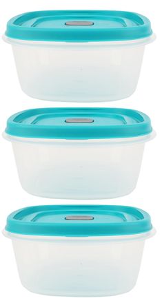 three tupperware containers with lids and lids on each side, one is blue