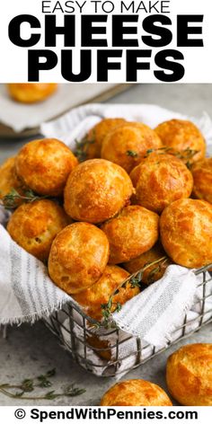 baked cheese puffs in a basket with text overlay