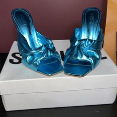 Metallic Blue Sandals 100mm Heal Square Toe. Sleek And Fashionable Mule. New Never Worn. Original Box And Dust Bag Included. Purchased Directly From Schutz Website. Denim Mules, Pink Mules, Heeled Mule, Heeled Mules Sandals, Heel Mules, Metallic Sandals, Mule Sandals, Metallic Pink, Blue Sandals