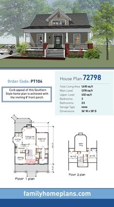 the front and back views of this house plan are shown in two different colors, including blue