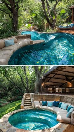 an outdoor swimming pool is shown in two different pictures, one with a couch and the other with pillows on it