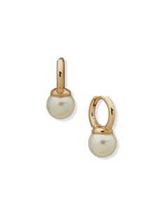 Anne Klein Gold Tone Hoop with Pearl Drop Earrings Chic Pearl Drop Clip-on Earrings For Formal Occasions, Chic Formal Pearl Drop Clip-on Earrings, Chic Formal Clip-on Pearl Drop Earrings, Elegant Small Hoop Clip-on Earrings, Elegant Small Hoop Earrings For Everyday Elegance, Elegant Gold Huggie Earrings With Pearl Charm, Elegant Pearl Charm Clip-on Earrings, Elegant Hoop Clip-on Earrings For Formal Occasions, Elegant Hoop Clip-on Earrings For Formal Events