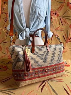 Atenti Buddy - Chapparal - Dream Weaver Yarns LLC Woven Satchel Bag For Travel, Woven Shoulder Travel Bag, Woven Shoulder Bag For Travel, Bohemian Beige Travel Bag, Beige Woven Travel Satchel, Beige Woven Satchel For Travel, Bohemian Beige Satchel For Travel, Leather Trim Double Handle Shoulder Bag For Vacation, Double Handle Leather Trim Shoulder Bag For Vacation