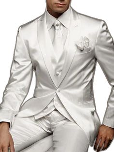 White Slim Fit Elegant Three-piece Suit, Elegant White Slim Fit Three-piece Suit, White Slim Fit Three-piece Suit For Formal Occasions, White Slim Fit Suit For Groom, White Three-piece Suit With Notch Lapel For Party, White Fitted Three-piece Suit For Party, Fitted White Three-piece Suit For Party, White Fitted Three-piece Party Suit, White Slim Fit Tuxedo For Wedding