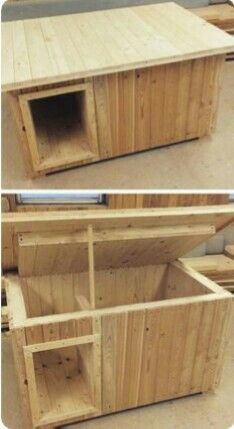 two pictures side by side showing the inside of a wooden box and outside of it