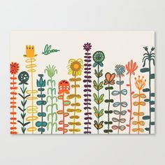 an art print with colorful flowers and plants on white paper, hanging on a wall