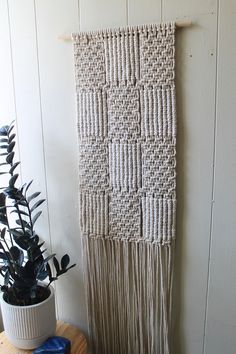 a woven wall hanging next to a potted plant on top of a wooden table