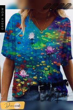 Oil Painting Print Short Sleeve V-neck T-shirt Multicolor V-neck Shirt For Summer, Green V-neck T-shirt With Graphic Print, Green Printed V-neck Top, Casual V-neck T-shirt For Summer, Green V-neck T-shirt For Summer, Multicolor V-neck Summer Shirt, Relaxed Fit Multicolor V-neck Top, Blue V-neck T-shirt For Summer, Blue V-neck Shirt For Summer