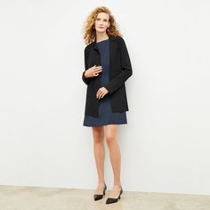 This jacket has the sharpness of a blazer, thanks to traditional lapels, and the comfort of a cardigan, thanks to a stretchy-yet-structured knit material. Tie the sash at the waist to create shape through the torso, or wear the Merritt open for a more relaxed look. Stylist tip: To remove shoulder pads, simply pull the pads out through the small hole near the internal seam of the shoulder. Made in China with fabric from China. Power Casual, Casual Sweater Dress, Sweater Dress Casual, Virtual Stylist, Tailored Design, Virtual Fashion, Dress Silhouette, Office Casual, Elbow Length Sleeve