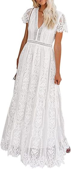 MEROKEETY Women's V Neck Short Sleeve Floral Lace Dress Cocktail Party Maxi Dress Floral Lace Wedding Dress, Short Lace Wedding Dress, Floral Lace Maxi Dress, Short Sleeve Wedding Dress, Lace Bridesmaids, Maxi Bridesmaid Dresses, Evening Dresses Short, Evening Dresses Cocktail, Maxi Dress Wedding