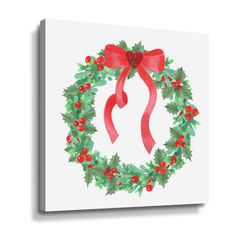 a watercolor christmas wreath with red ribbon and holly berries on white canvas wall art print