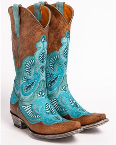 Old Gringo Women's Bell Embroidered Western Boots, Blue Embroidered Snip Toe Boots For Rodeo, Turquoise Cowboy Boots, Tall Cowgirl Boots, Blue Cowboy Boots, Western Womens Fashion, Paisley Embroidery, Bota Country, Boot Barn, Boho Boots