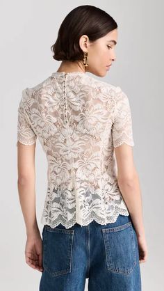 rabanne Haut Blouse | Shopbop Fitted Short Sleeve Top With Delicate Lace, Fitted Tops With Delicate Lace And Short Sleeves, Delicate Lace Short Sleeve Top For Summer, Fitted Lace Top With Scalloped Edges, Short Sleeve Delicate Lace Tops For Summer, Delicate Lace Short Sleeve Summer Tops, Summer Fitted Blouse With Scalloped Lace, Fitted Scalloped Lace Blouse, Elegant Short Sleeve Tops With Lace Collar