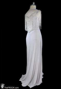 1930s gown art deco beaded fringe silk chiffon formal Elegant Beaded Fringe Flapper Dress For Prom, Elegant Wedding Flapper Dress With Rhinestone Fringe, Silver Elegant Flapper Dress For Evening, Elegant Silver Flapper Dress For Evening, 1930s Clothing, 1930s Gown, Check Money, Deco Beads, Money Order