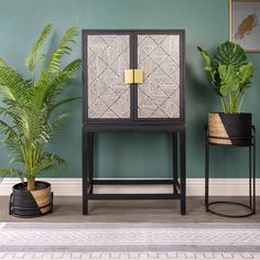 two potted plants are next to a black and white cabinet