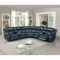 a large blue sectional sofa in a living room