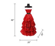 a red dress on a mannequin stand with measurements for the skirt and top