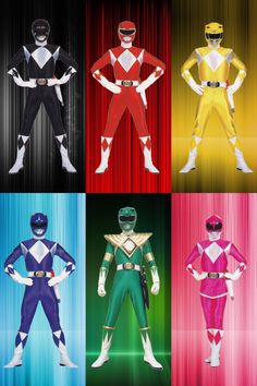 four different colored power rangers standing in front of a red, yellow, blue and green background