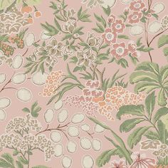 a pink wallpaper with flowers and leaves on it