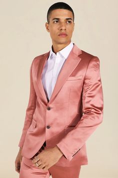 Slim Pink Satin Design Suit | BoohooMAN Classic Pink Blazer With Lapel Collar, Pink Blazer With Single Button And Suit Collar, Pink Single Button Blazer With Suit Collar, Pink Single Button Lapel Collar Blazer, Tailored Pink Single Button Blazer, Elegant Pink Slim Fit Suits, Pink Slim Fit Suit For Semi-formal Occasions, Classic Pink Suit For Party, Formal Fitted Pink Sets