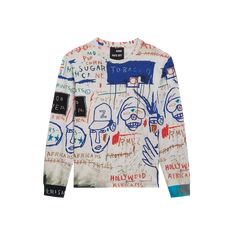 This is a premium medium weight long sleeve shirt. The all-over print featured is Basquiat's artwork Hollywood Africans. 100% medium weight cotton jersey Unisex, Adult size XS-XL, Slightly oversized fit Ribbed neck and sleeve hem Relaxed crewneck Made in Portugal Machine wash cold, inside-out and tumble dry low to preserve color About the artwork: Jean-Michel Basquiat created this work during a trip to Los Angeles on the occasion of his solo exhibition. Hollywood Africans includes a self-portrai Graphic Print Crew Neck Tee, Fall Long Sleeve T-shirt With Sublimation Print, Fall Cotton Sweatshirt With All Over Print, White Long Sleeve Sweatshirt With All Over Print, Casual Crew Neck Top With Exclusive Print, Casual Tops With Exclusive Print And Crew Neck, Cotton Graffiti Print Long Sleeve Sweatshirt, Long Sleeve Printed Cotton Sweatshirt, Printed Cotton Long Sleeve Sweatshirt