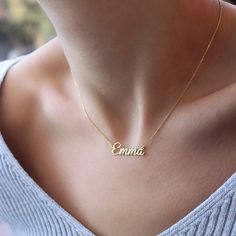 Personalized Name Necklace-Gold Name Necklace-Perfect Gift for Her-Sterling Silver Name Necklace Solid Gold Name Necklace-Christmas Gifts Here is a dainty, delicate and simple, yet classy minimalist Name Necklace. The perfect gift for yourself and your loved ones Features [] Made to Order [] Material Option: High Quality 925 Sterling Silver-14K Solid Gold (Both Name and the Chain 100% real. It's not plated) []Dimensions: Depending on your font choice, height sizes range from 10mm to 6mm lowercas Gold Sterling Silver Charm Necklace With Custom Name, Dainty Gold Charm Necklace With Custom Name, Dainty Gold Name Charm Necklaces, Dainty Gold Charm Necklaces With Name, Elegant Gold Name Necklace For Christmas, Gold Name Charm Necklace As Gift, Silver Name Necklace With Delicate Chain For Gift, Gold Name Necklace With Delicate Chain For Gift, Silver 14k Gold Name Charm Necklaces