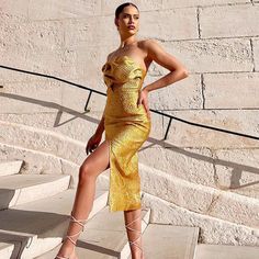 The incredible quality Bodycon Dress is suitable for party. cocktail. clubbing. date night. wedding. night out. evening. birthday. dinner. celebrity and so on as you like. If you're wearing this you know you are winning at party!Our Style No.HL8807JacquardMade in China Fitted Gold Midi Dress For Prom, Glamorous Sleeveless Midi Dress For Party Season, Fitted Midi Length Strapless Dress For Party, Sleeveless Midi Dress For Prom And Party Season, Sleeveless Mini Dress For Gala, Sleeveless Midi Dress For Prom Party Season, Evening Sleeveless Bodycon Dress For Prom, Sleeveless Bodycon Dress For Prom Evening, Glamorous Gold Midi Dress For Party