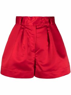 scarlet red satin finish high-waisted wide leg pleat detailing belt loops front button and zip fastening Style Improvement, Boheme Chic, Satin Shorts, Planet People, Concert Fits, Halloween 2023, Red High, Pleated Shorts, Modest Fashion Outfits