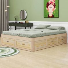 a bedroom with a bed, dresser and painting on the wall above it's headboard