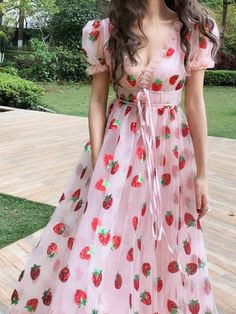 Vacation Clothing, Party Midi Dress, Strawberry Dress, New Party Dress, Boho Party, Beach Boho, Pink Beach, Korean Casual, Belt Style