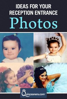 the cover of an ebook with pictures of young children in dresses and tiaras, text reads ideas for your reception entrance photos