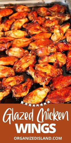 glazed chicken wings in a pan with text overlay