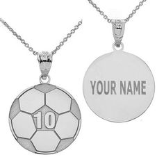 "* Personalized Engravable Your Name on the back and your Number on the front of a Soccer Ball Pendant. * Available in 10k or 14k Yellow, White or Rose Gold, and .925 Sterling Silver * Pendant Only Available or Pendant with a chain is available. * Rolo Chains are available in 16\", 18\", 20\" or 22\" Inch Chains. Chain Metal is corresponding to the Metal Type of the pendant. - Example: If you order a 14k yellow gold pendant, the chain will be 14k Yellow gold, if you order a Sterling Silver Penda Engraved White Gold Sterling Silver Charm Necklaces, Engraved White Gold Charm Necklaces In Sterling Silver, Engraved Sterling Silver Charm Necklaces In White Gold, Sterling Silver Nameplate Charms Jewelry, Sterling Silver White Jewelry With Engraving Option, White Engraved Sterling Silver Charm Necklaces, White Sterling Silver Jewelry With Engraving Option, Custom Silver Nameplate Necklace With Hallmarks, White Gold Nameplate Jewelry With Engraving Option