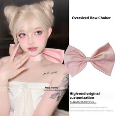 Color: Pink Bow Cute Head Accessories, Coquette Accesorios, Bunny Makeup Look, Halloween Moodboard, Mitsuri Cosplay, Pink Cosplay, Halloween Coquette, Bow Choker, Pink Choker